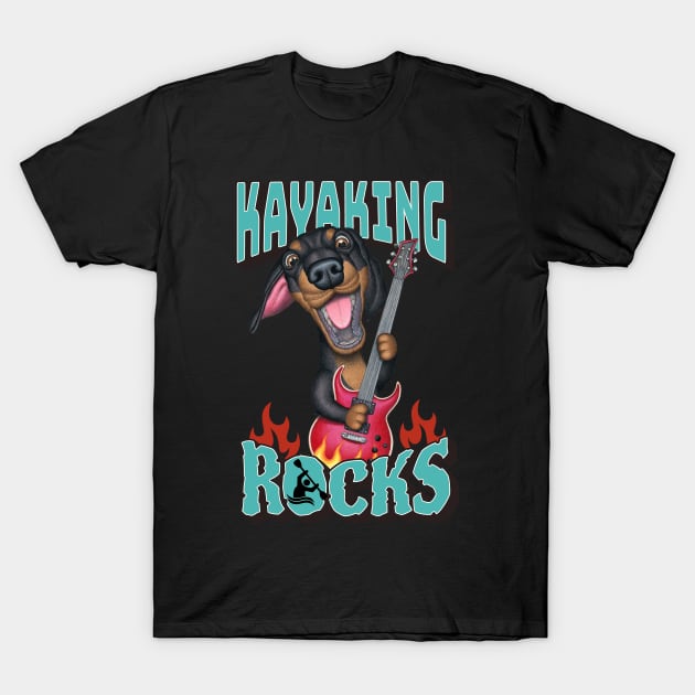 Fun Kayaking Rocks doxie dog on a dachshund rocks tee T-Shirt by Danny Gordon Art